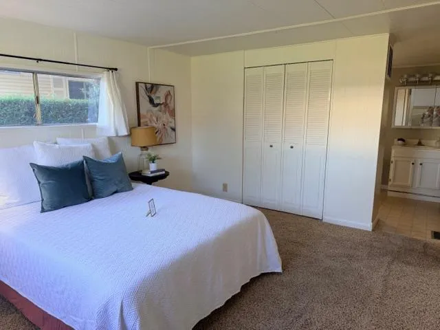 a bedroom with a bed and a flat tv screen