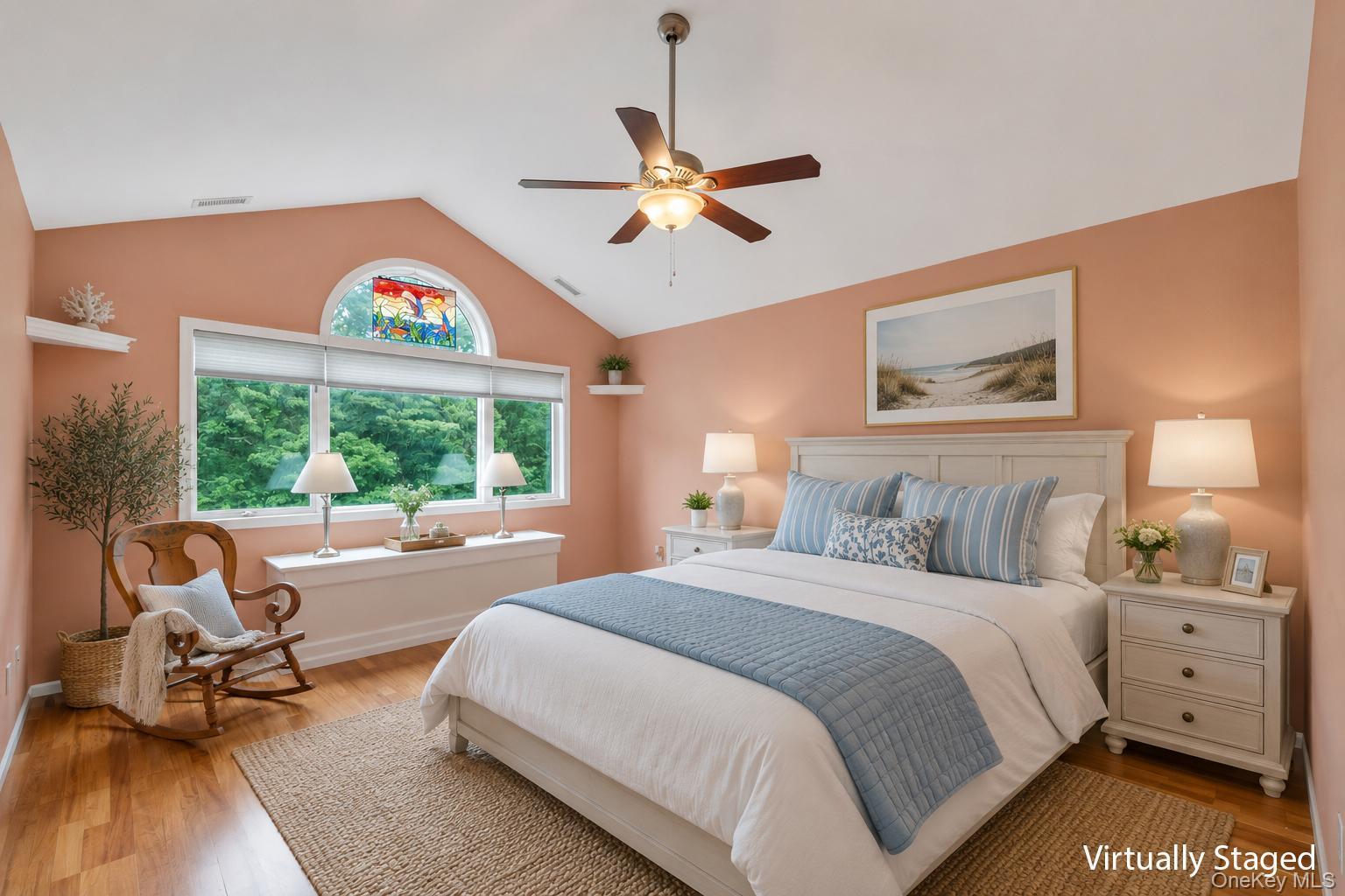 22 Kettle Hole Road Manorville, NY 11949 - Photo 24 of 39 Master bedroom Suite, polished hardwood floors and vaulted ceilings. Light and bright window treatments stay. ceiling fan.