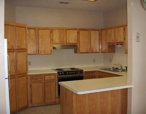a kitchen with a sink a stove cabinets and a refrigerator