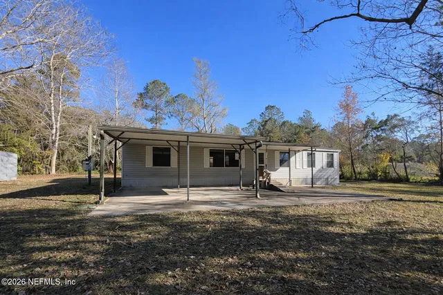 a view of dirt yard with large trees