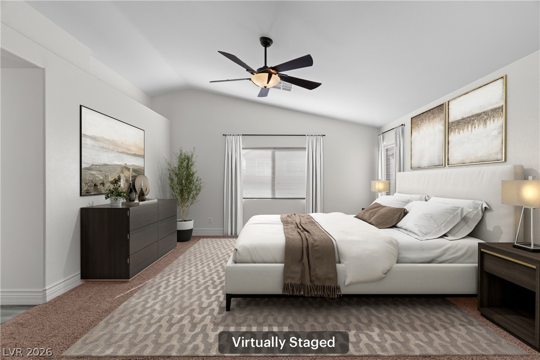 181 Short Ruff Way Las Vegas, NV 89148 - Photo 13 of 43 Bedroom with lofted ceiling, carpet flooring, and ceiling fan