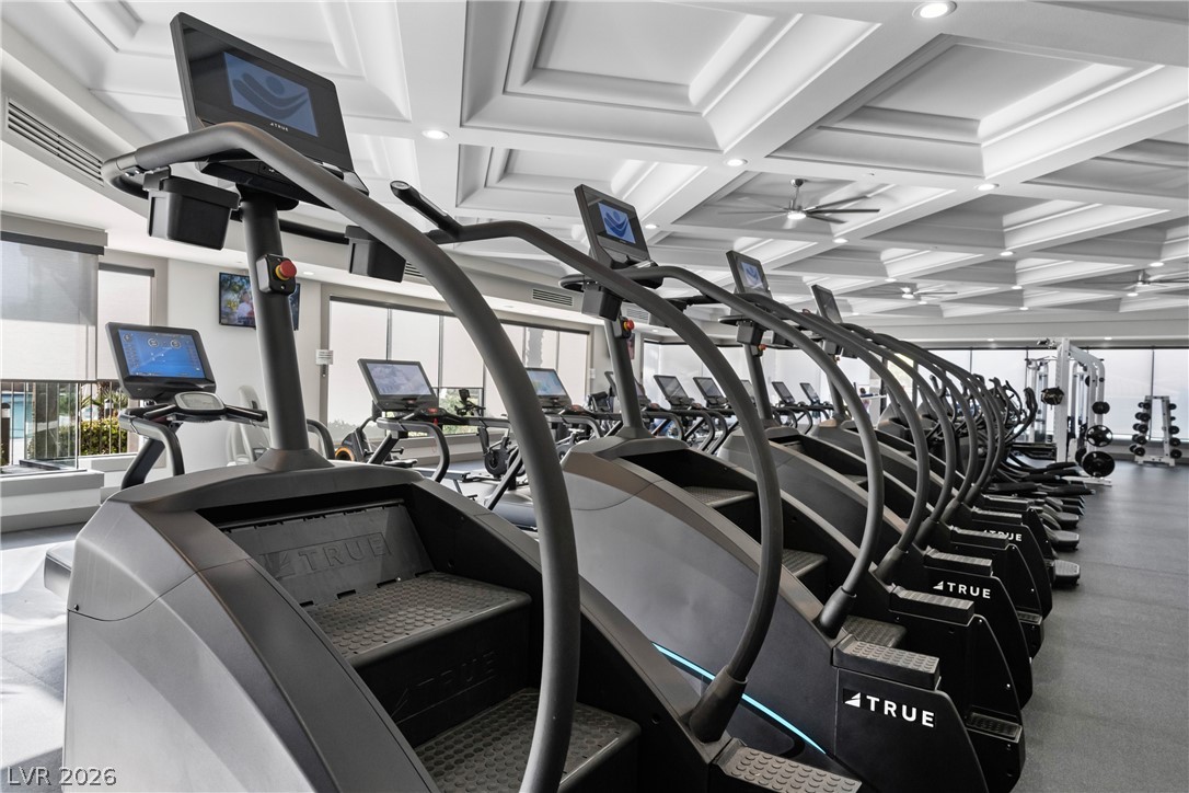 181 Short Ruff Way Las Vegas, NV 89148 - Photo 29 of 43 Gym with coffered ceiling and recessed lighting