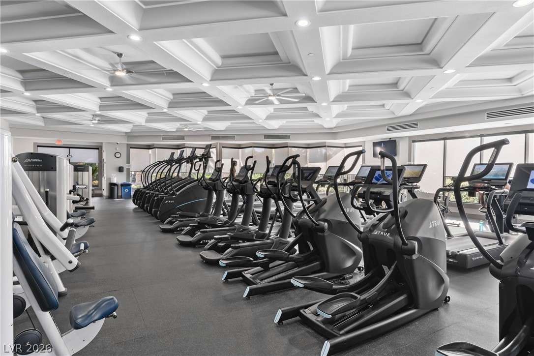 181 Short Ruff Way Las Vegas, NV 89148 - Photo 30 of 43 Exercise room featuring recessed lighting, coffered ceiling, and a ceiling fan