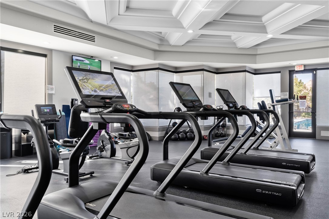 181 Short Ruff Way Las Vegas, NV 89148 - Photo 31 of 43 Gym featuring coffered ceiling and recessed lighting