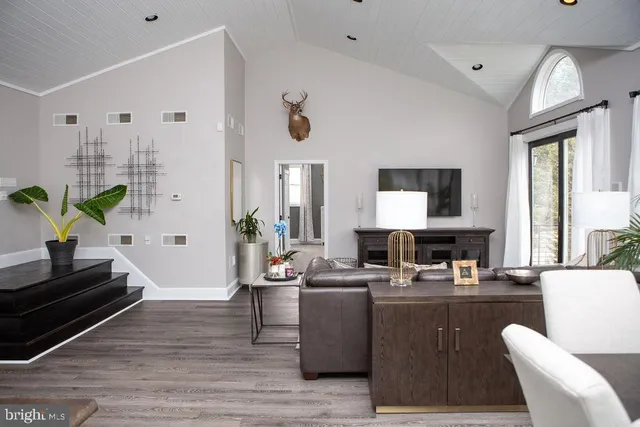 a living room with furniture a large window and a potted plant
