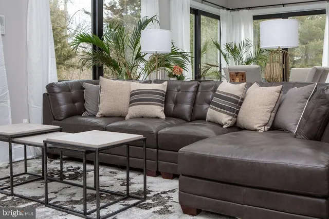 a living room with furniture and a potted plant