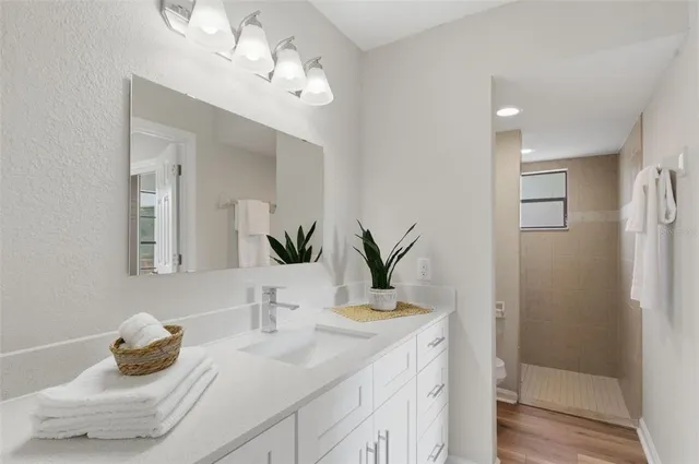 a bathroom with a sink toilet and shower