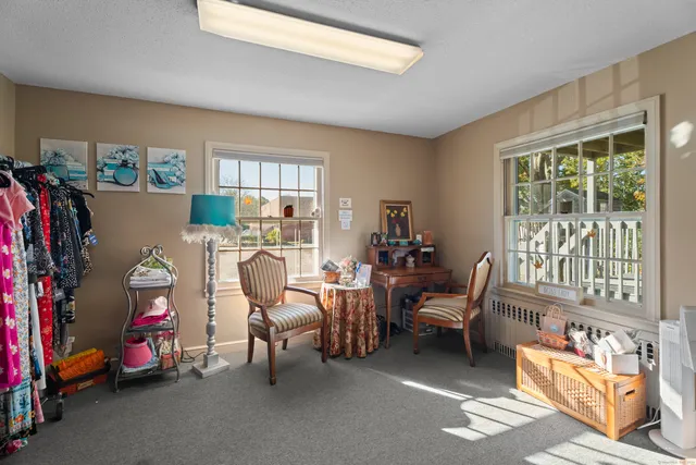 a view of a livingroom with furniture and a window