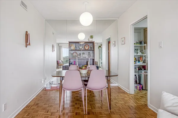 a view of a dining room with furniture