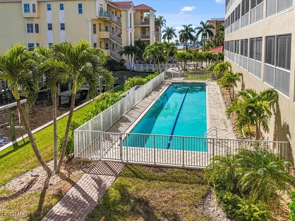 a view of a swimming pool with a garden and plants