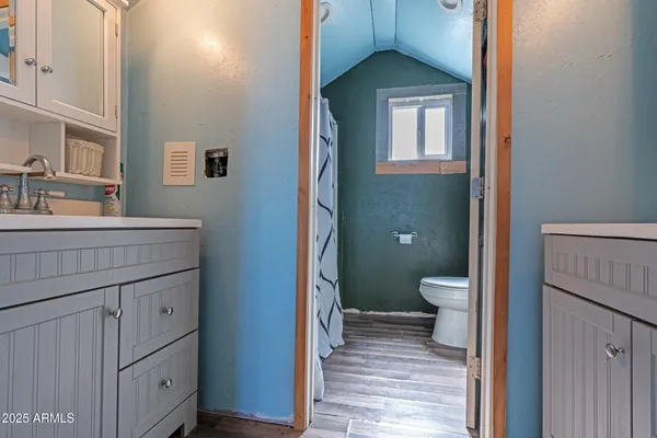 a bathroom with a sink a toilet and a mirror