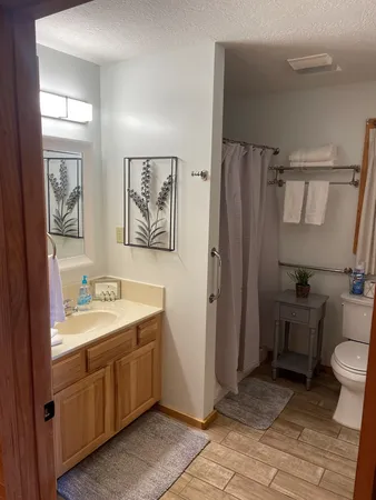 a bathroom with a double vanity sink toilet and shower