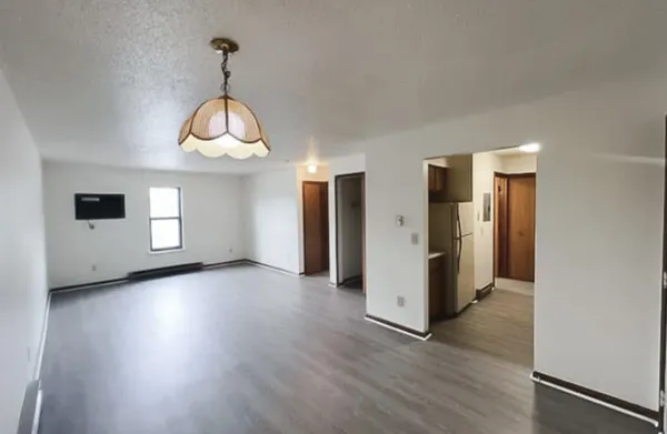 a view of empty room with wooden floor and window