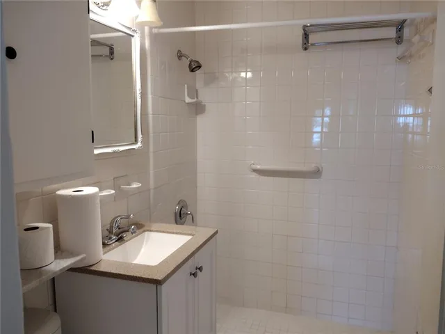 a bathroom with a sink shower and a mirror