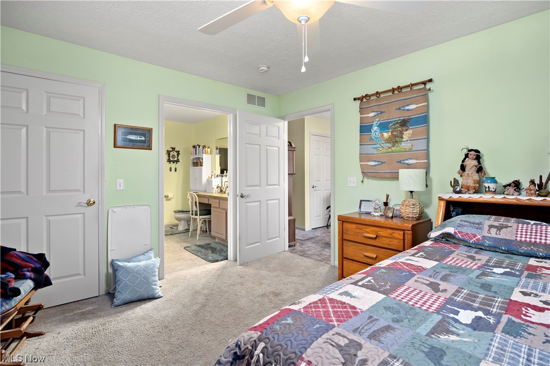 41038 Parsons Road Lagrange, OH 44050 - Photo 24 of 32 Bedroom with ensuite bathroom, a textured ceiling, light carpet, and ceiling fan