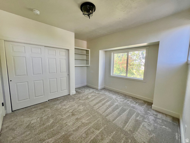 812 East Bates Cyn Road Tooele, UT 84074 - Photo 68 of 144 Bright room featuring a window with exterior scenery, light-toned carpet flooring, white bi-fold closet doors, built-in shelving, and a ceiling-mounted light fixture