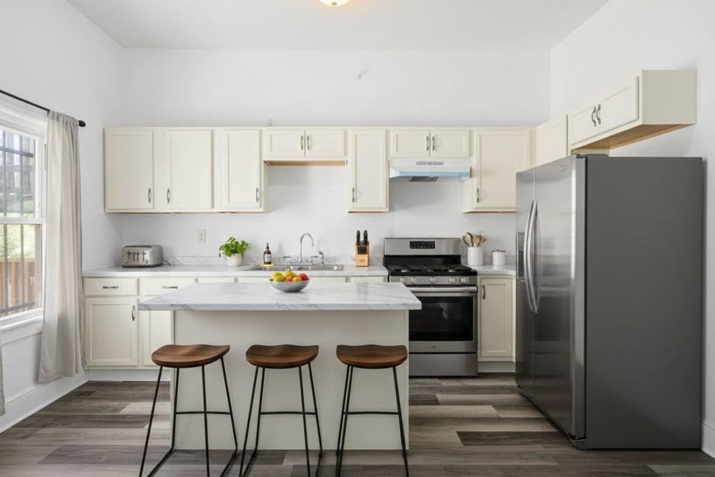 8919 South Exchange Avenue Chicago, IL 60617 - Photo 11 of 41 a kitchen with stainless steel appliances a stove a sink refrigerator and white cabinets with wooden floor