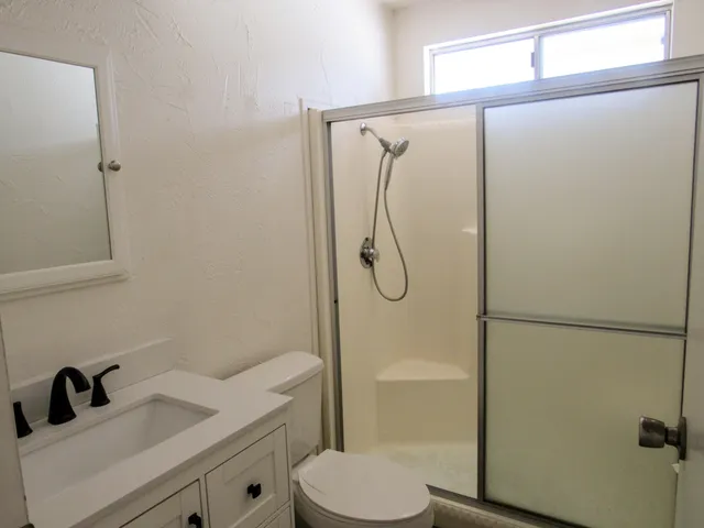 a bathroom with a sink a toilet and shower