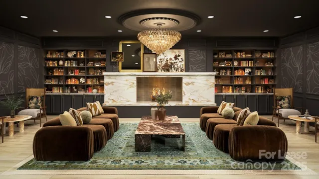 a living room with furniture and a table