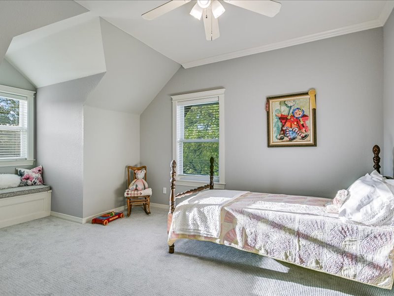 14036 Timberline Trail Austin, TX 78737 - Photo 19 of 40 Bedroom featuring light colored carpet, ceiling fan, and vaulted ceiling