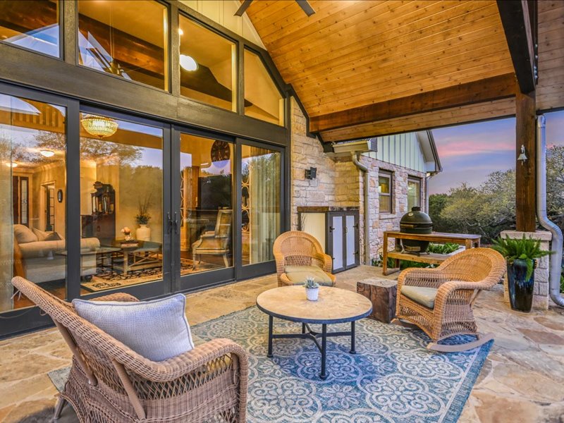 14036 Timberline Trail Austin, TX 78737 - Photo 5 of 40 Patio terrace at dusk with an outdoor hangout area, a patio area, and a ceiling fan