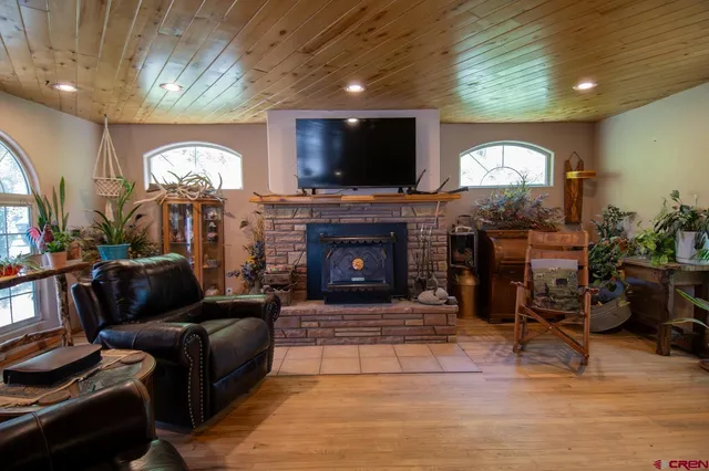 a living room with furniture a flat screen tv and a fireplace