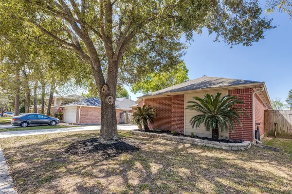 a view of a house with backyard and a tree