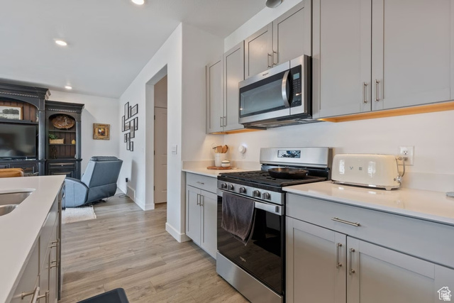 1323 South Raintree Lane Santaquin, UT 84655 - Photo 23 of 23 Kitchen featuring stainless steel appliances, gray cabinets, light wood-style flooring, open floor plan, and light stone counters