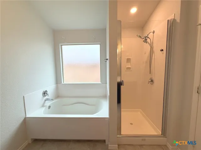 a bathroom with a bathtub and a shower
