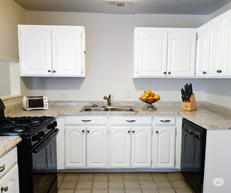 511 Rogers Road Newark, TX 76071 - Photo 8 of 22 Kitchen with black appliances, white cabinets, a textured ceiling, and light stone countertops AI representation.