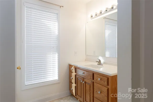a bathroom with a sink vanity and a mirror