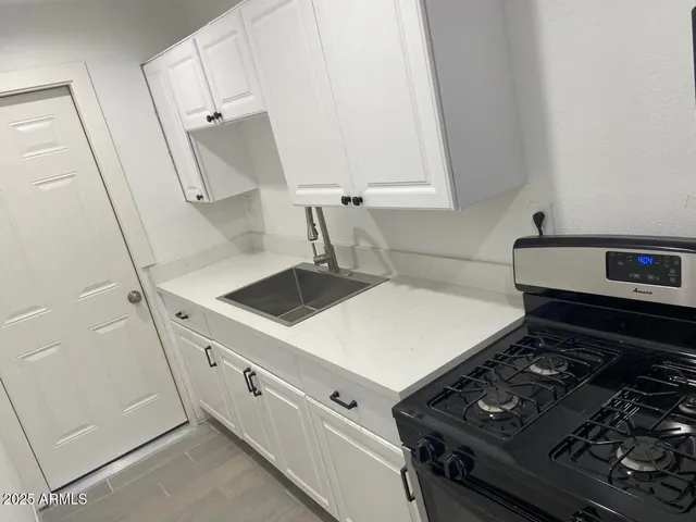 a kitchen with a stove and a sink