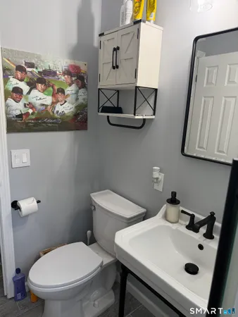 a bathroom with a sink mirror and toilet