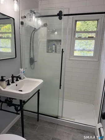 a bathroom with a sink a mirror and a shower