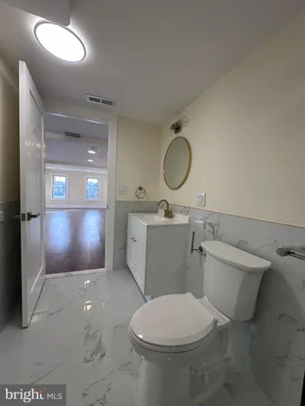 a bathroom with a sink mirror vanity and toilet