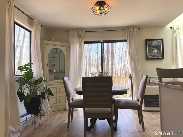 a view of a dining room with furniture window and wooden floor