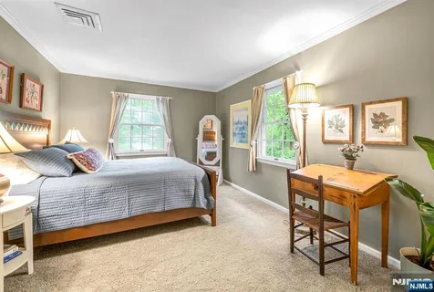 a bedroom with a bed and a table in it