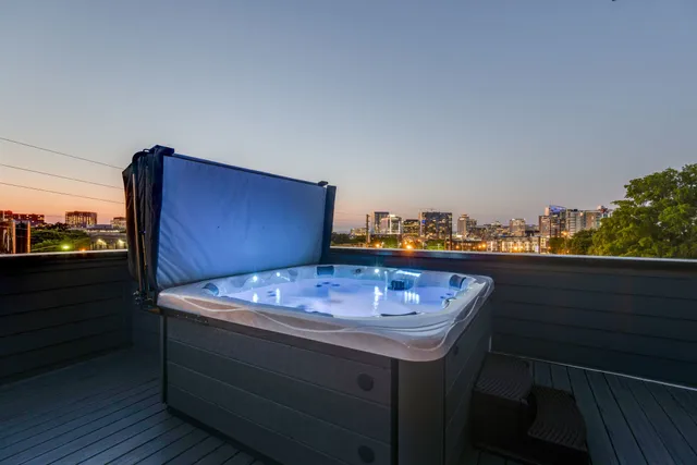 a terrace with a table and chairs