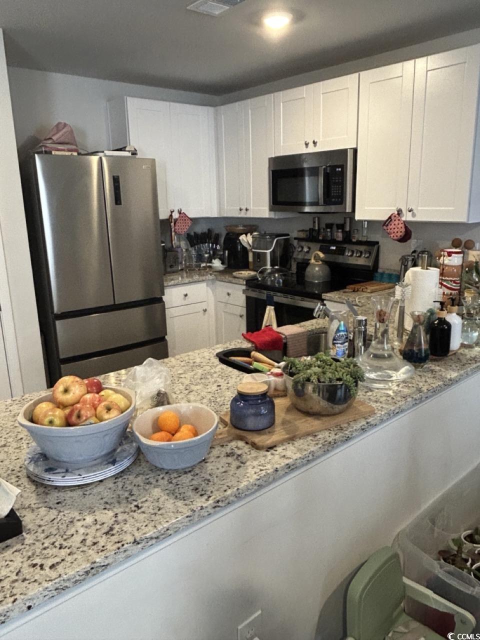 463 Ribbon Rail Way Loris, SC 29569 - Photo 21 of 27 Kitchen with white cabinets, appliances with stainless steel finishes, light stone counters, and a peninsula
