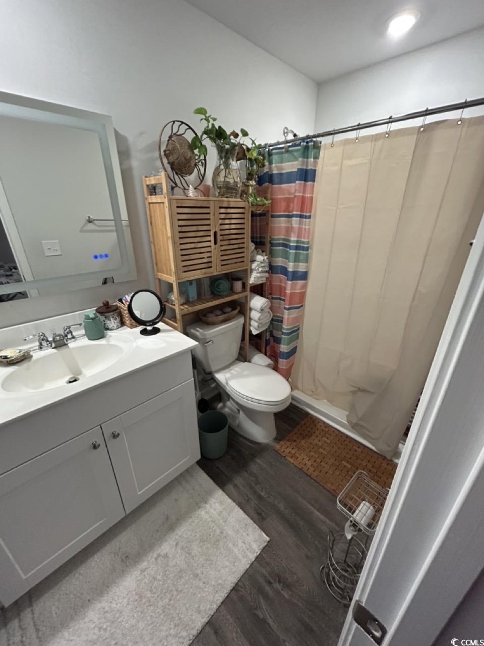 463 Ribbon Rail Way Loris, SC 29569 - Photo 6 of 27 Full bathroom with dark wood-style flooring, curtained shower, and vanity