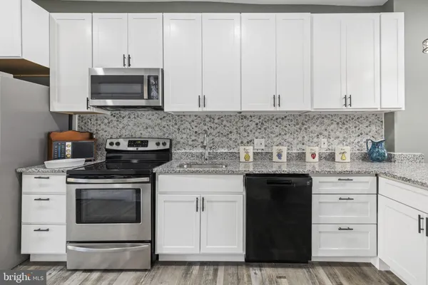 a kitchen with stainless steel appliances granite countertop a stove a sink and a microwave