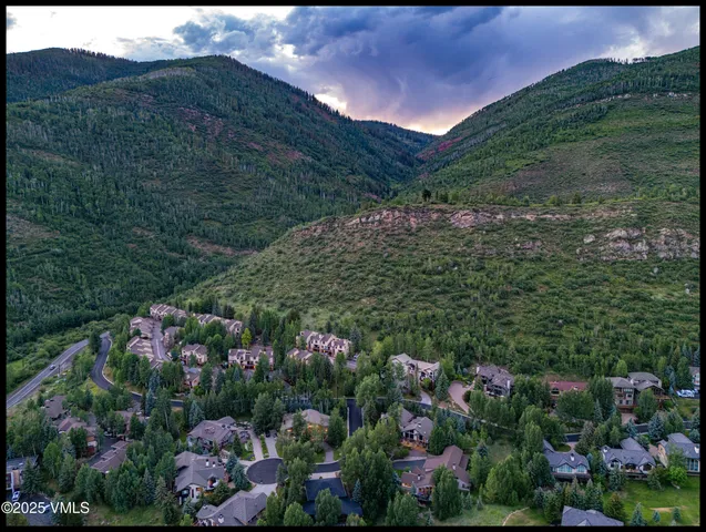 a aerial view of a house with swimming pool and large trees