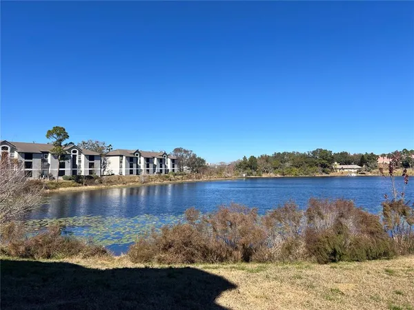 a view of a lake with houses in the back