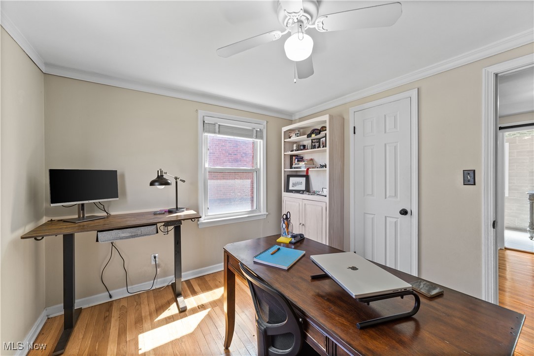 3826 Faversham Road Cleveland, OH 44118 - Photo 18 of 40 Home office featuring ornamental molding, light wood finished floors, baseboards, and ceiling fan