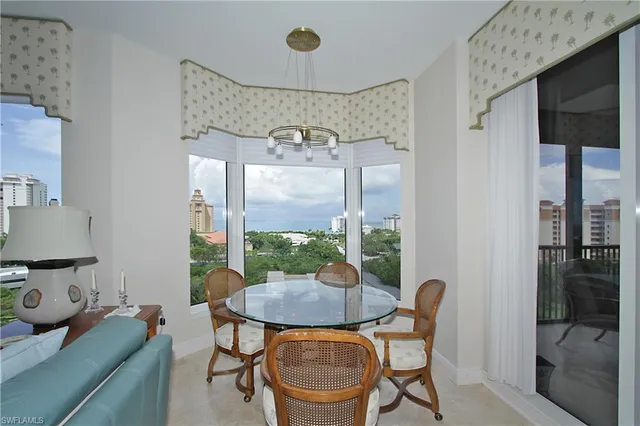 a view of a dining room with furniture window and outside view