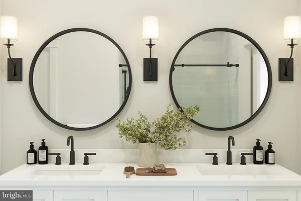 wooden floor view of a bathroom with a mirror and bathtub