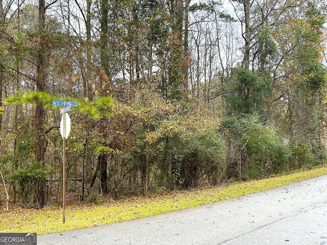 a view of a yard with trees in front of it