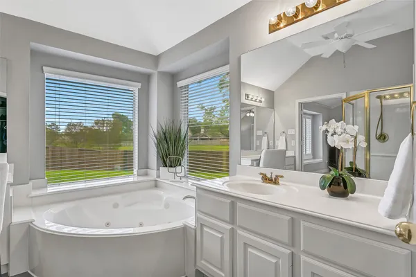 a bathroom with a tub sink shower and mirror