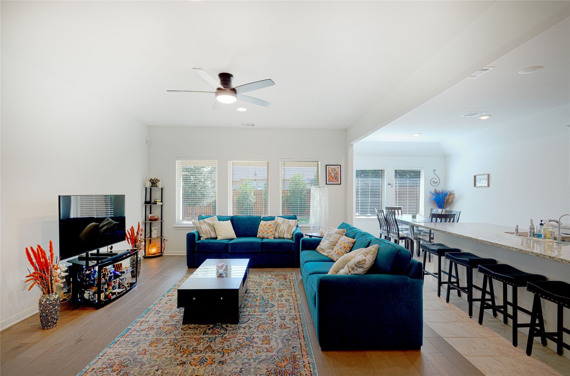 View of family room and kitchen area