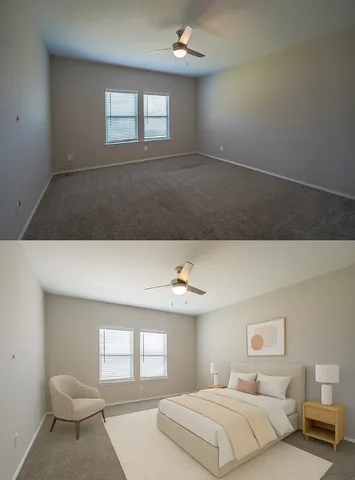 a bedroom with a bed and a window